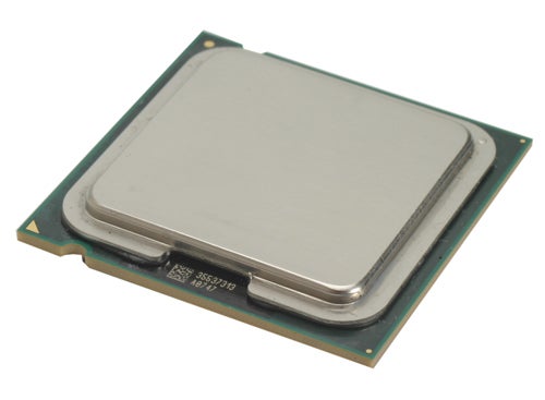 Intel Core 2 Duo processor with visible model information on the integrated heat spreader against a light background.