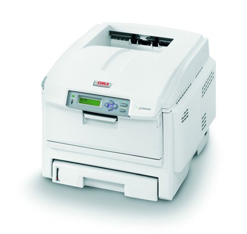 OKI 5600n LED Printer on a white background, featuring a front paper tray, top output tray, digital control panel, and off-white exterior housing.