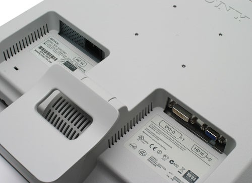 Close-up of the back panel of a Sony SDM-E96D 19-inch monitor showing connectivity ports and product label with specifications.