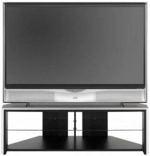 JVC HD-56ZR7J 56-inch HD-ILA television displayed on a glass stand with black shelves against a white background.