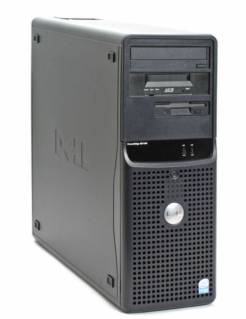 Dell PowerEdge SC430 server tower with front panel featuring CD/DVD drive, floppy disk drive, and Dell logo, marked with Intel inside sticker.