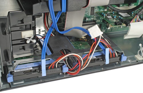 Interior view of a Dell PowerEdge SC430 server showing motherboard, cables, and drives.