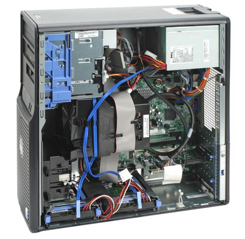 Interior view of an open Dell PowerEdge SC430 server showing the motherboard, power supply, RAM slots, and various cable connections.