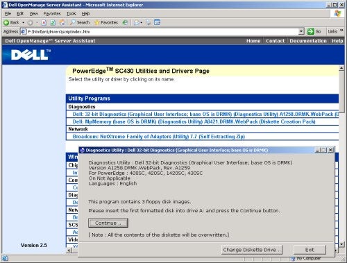 Screenshot of Dell PowerEdge SC430 Utilities and Drivers Page on a computer screen, displaying various downloadable diagnostics and network utility programs within a web browser.