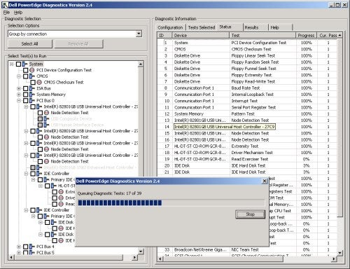 Screenshot of Dell PowerEdge Diagnostics software displaying various system tests with progress indicators and a selected test showing 100% completion.