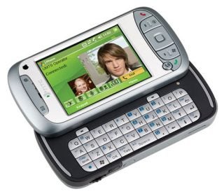 HTC 'TyTN' Windows Mobile PDA Phone with slide-out QWERTY keyboard and screen displaying a video call application.