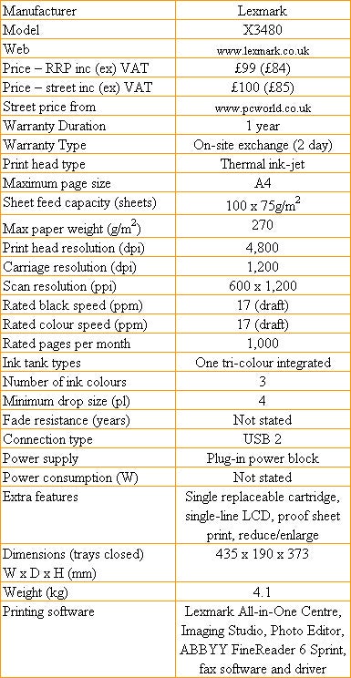 A detailed specification chart for the Lexmark X3480 Multi-Function Printer listing features such as print type, resolution, speed, and dimensions.