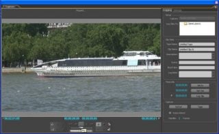 Screenshot of Matrox RT.X2 video editing software interface with a video capture of a large boat on a river and software controls visible on the screen.