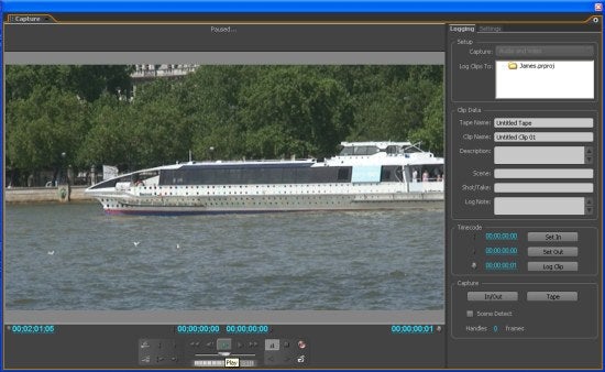 Screenshot of Matrox RT.X2 video editing software interface with a video capture of a large boat on a river and software controls visible on the screen.