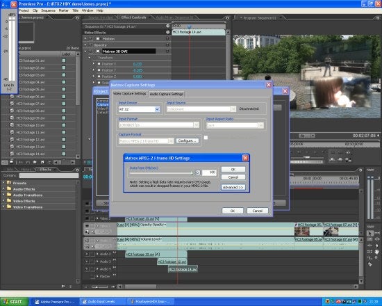 Screenshot of Matrox RT.X2 HD video editing software interface with capture settings dialog box open, displaying various configuration options on a Windows operating system.