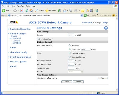 Axis 207W Network Camera MPEG-4 settings interface on a computer screen.