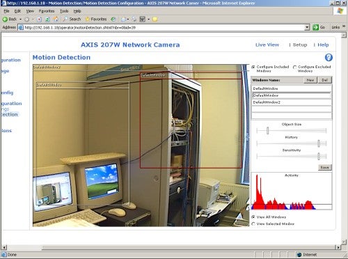 Screenshot of Axis 207W Camera motion detection interface.