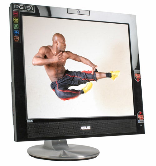 Asus PG191 Gaming Monitor displaying a dynamic image of a shirtless male athlete mid-kick to demonstrate screen clarity and color performance.