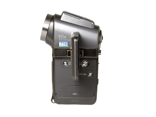 Sanyo Xacti VPC-HD1 camcorder displaying its compact body with a swivel screen, 10x optical zoom, and HD recording capabilities.