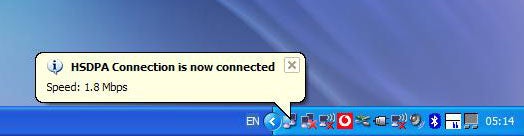 Screenshot showing an HSDPA connection notification with a speed of 1.8 Mbps on a computer desktop interface.
