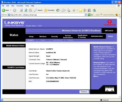 Screenshot of a Linksys Wireless-G Router management interface on Internet Explorer with tabs for status, setup, wireless, security, access restrictions, applications & gaming, and administration. The status tab is open, showing mobile network status for a 3G/UMTS connection including signal strength, connection time, and data transferred details.