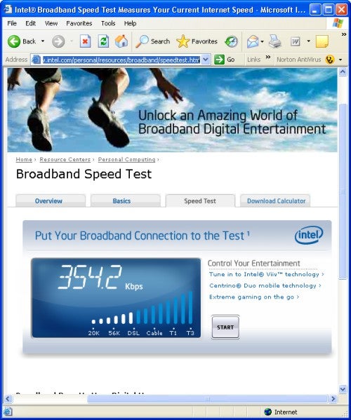 Screenshot showing a broadband speed test result of 354.2 Kbps on a computer monitor with the Intel Broadband Speed Test webpage open.