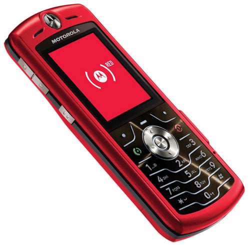 Motorola SLVR RED mobile phone with a sleek red and black design, displaying the dial screen with signal and battery indicators.