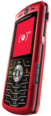 Motorola SLVR RED mobile phone shown in an upright position highlighting its slim profile and vibrant red color with keypad and screen visible.
