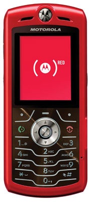 Motorola SLVR RED mobile phone displayed vertically, showcasing the red casing with a black trim, the keypad and central navigation button, and the screen displaying the Motorola and (PRODUCT) RED logos.