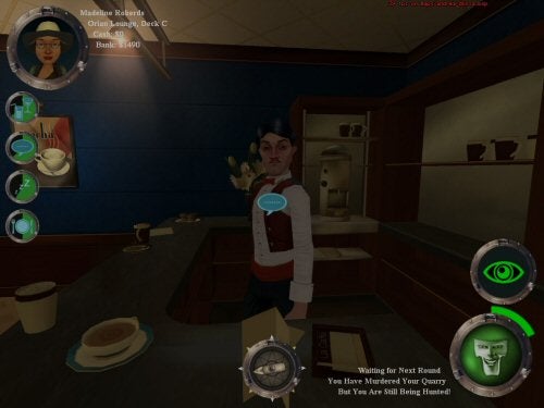 Screenshot from the video game 'The Ship' showing a character in a vintage interior holding a wrench, with a gameplay HUD displaying character status and objectives.