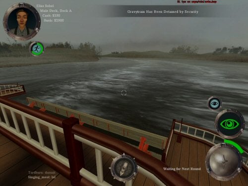 Screenshot from the video game "The Ship" showing a first-person view from the deck of a virtual ship with the sea in the background, game interface elements, and a character's portrait with status information on the top left.