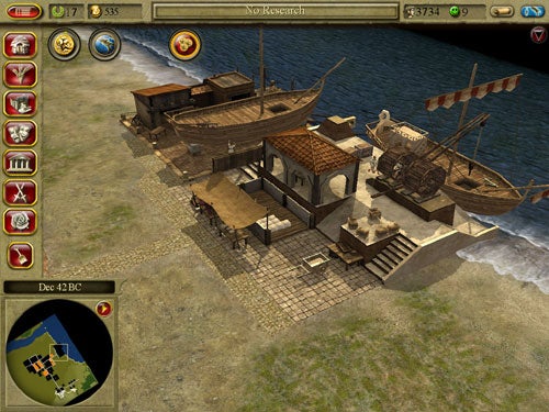 Screenshot of CivCity: Rome gameplay showing ancient harbor.