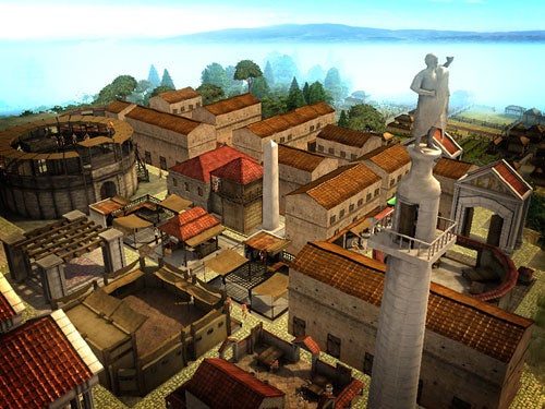 Screenshot of CivCity: Rome gameplay showing ancient Roman buildings.
