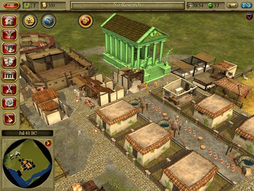 Screenshot of CivCity: Rome gameplay with buildings and interface.
