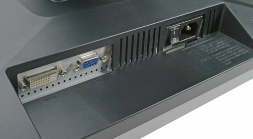 Close-up of the connectivity ports on the back of a Samsung SyncMaster 205BW widescreen monitor, showing DVI and VGA connectors along with a power input.