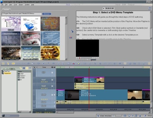 Screenshot of Avid Liquid 7.1 video editing software interface showing DVD menu template selection process and timeline editing features.