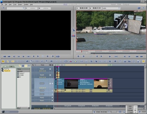 Screenshot of Avid Liquid 7.1 video editing software user interface showing a multi-track timeline, video preview windows, and various editing controls.