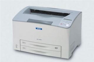 Epson EPL-N2550 A3 Mono Laser Printer on a white background, showcasing its gray exterior, paper tray, control panel with buttons and LED indicators, and the Epson logo visible on the front.
