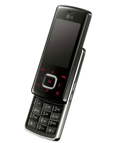 LG Chocolate KG800 mobile phone in a slider design with the keypad exposed, featuring a black glossy finish and red backlit touch-sensitive navigation keys.