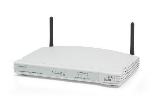 3Com OfficeConnect ADSL Wireless 108Mbps 11g Firewall Router on a white background with dual antennas and status indicator lights on the front panel.