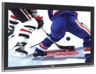 NEC PlasmaSync 61XR4G 61-inch plasma TV displaying a high-definition ice hockey game with vibrant colors and clear motion, indicating the product's display quality.