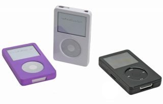 Three Vakaadoo iVak cases with different colored iPods.