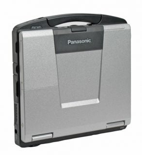 Panasonic ToughBook CF-74 rugged notebook closed, viewed from the front with handle at the top and Panasonic logo displayed prominently.