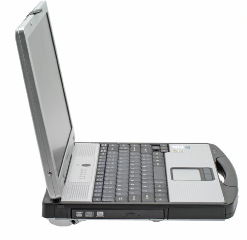 Panasonic ToughBook CF-74 rugged notebook with lid open showing the keyboard and screen on a white background.