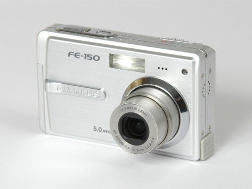 Olympus FE-150 digital camera displayed on a plain background showcasing its compact silver body and lens.