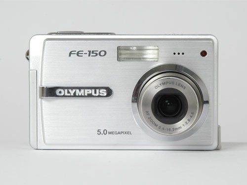 Olympus FE-150 digital camera with 5.0-megapixel resolution, displayed on a white background.