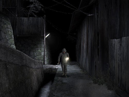 Screenshot of Forbidden Siren 2 gameplay showing character with flashlight.