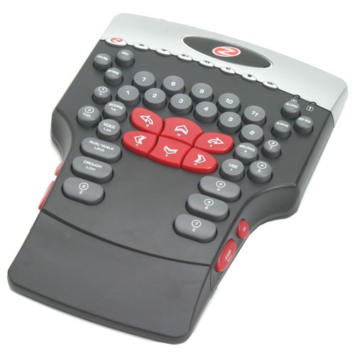 Ideazon Zboard FANG gamepad with labeled keys and directional pad, including programmable buttons and ergonomic design.