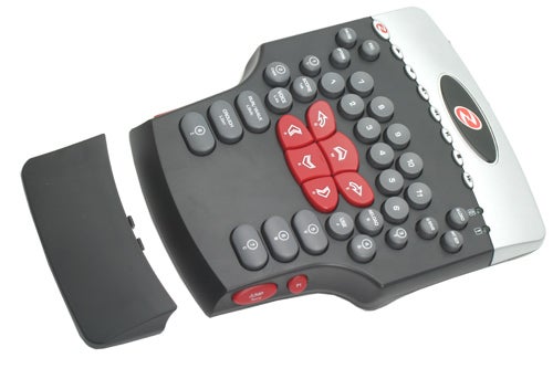 Ideazon Zboard FANG gaming keypad with a detachable wrist rest, featuring a unique key layout with additional gaming keys in red.
