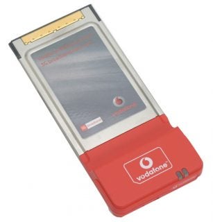 Vodafone Mobile Connect HSDPA Data Card with red bottom casing and company branding displayed on the front.