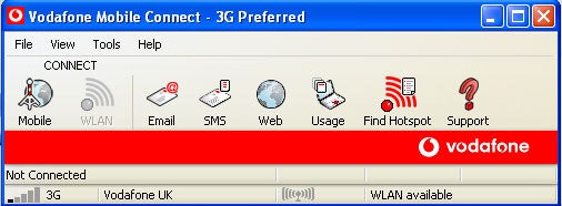 Screenshot of the Vodafone Mobile Connect user interface showing options for Mobile, WLAN, Email, SMS, Web, Usage, Find Hotspot, and Support, with indicators for 3G connectivity and WLAN availability.