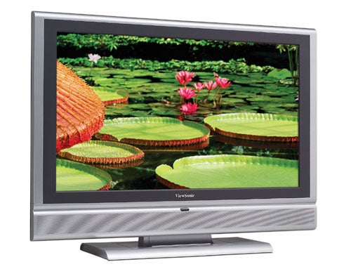 ViewSonic N4060w 40-inch LCD television on a stand displaying a vibrant nature scene with large green lily pads and pink flowers on water.