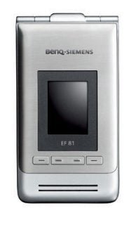BenQ-Siemens EF81 flip phone displayed vertically with exterior screen and control buttons visible, silver color with branding at the top.
