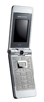 BenQ-Siemens EF81 flip phone with a silver finish, showcasing its internal screen and alphanumeric keypad in an open position.