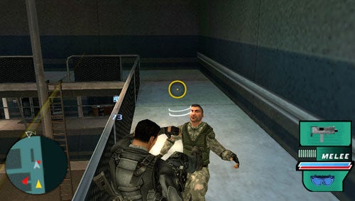 In-game screenshot depicting a stealth melee attack from behind on an enemy character in the video game 'Syphon Filter: Dark Mirror', showcasing gameplay mechanics and graphics with HUD elements visible, including health status, ammunition count, and a mini-map.